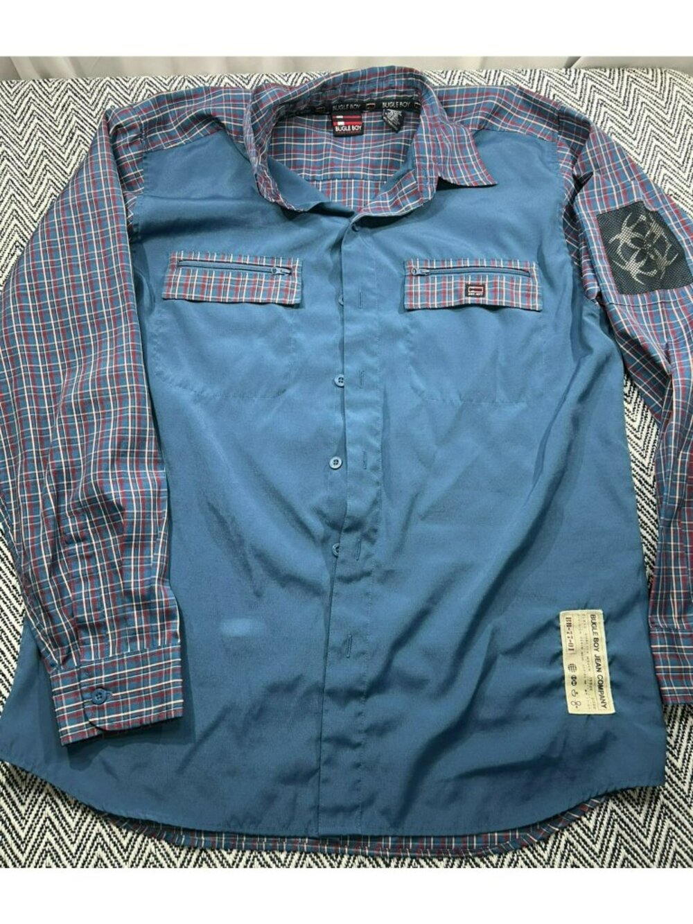 Bugle Boy Men's Medium Blue & Red Plaid Long Sleeve Button-Up Shirt With Zipper